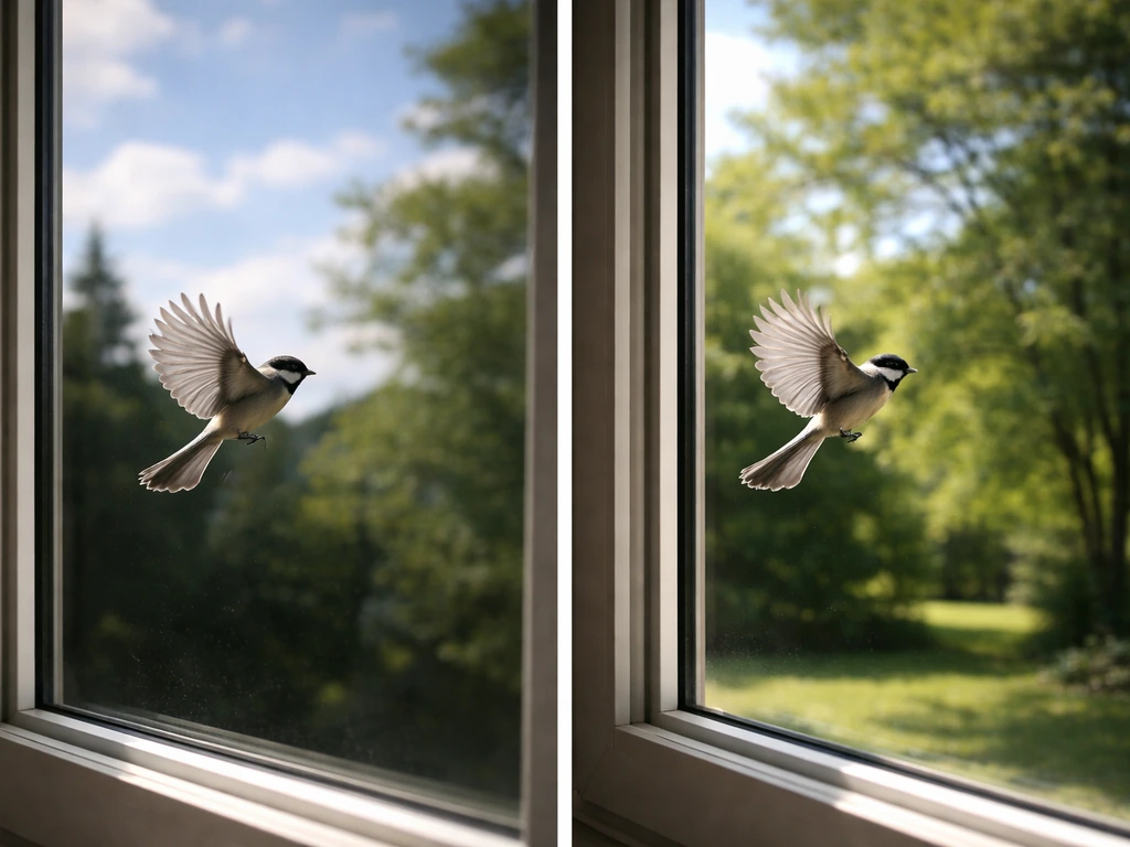Bird approaching a window split between mirrored reflective glass and low-reflective glass.