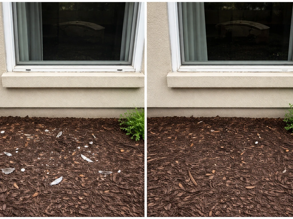 Ground beneath a treated window showing clean soil with no fresh bird strike debris, unlike nearby untreated area.