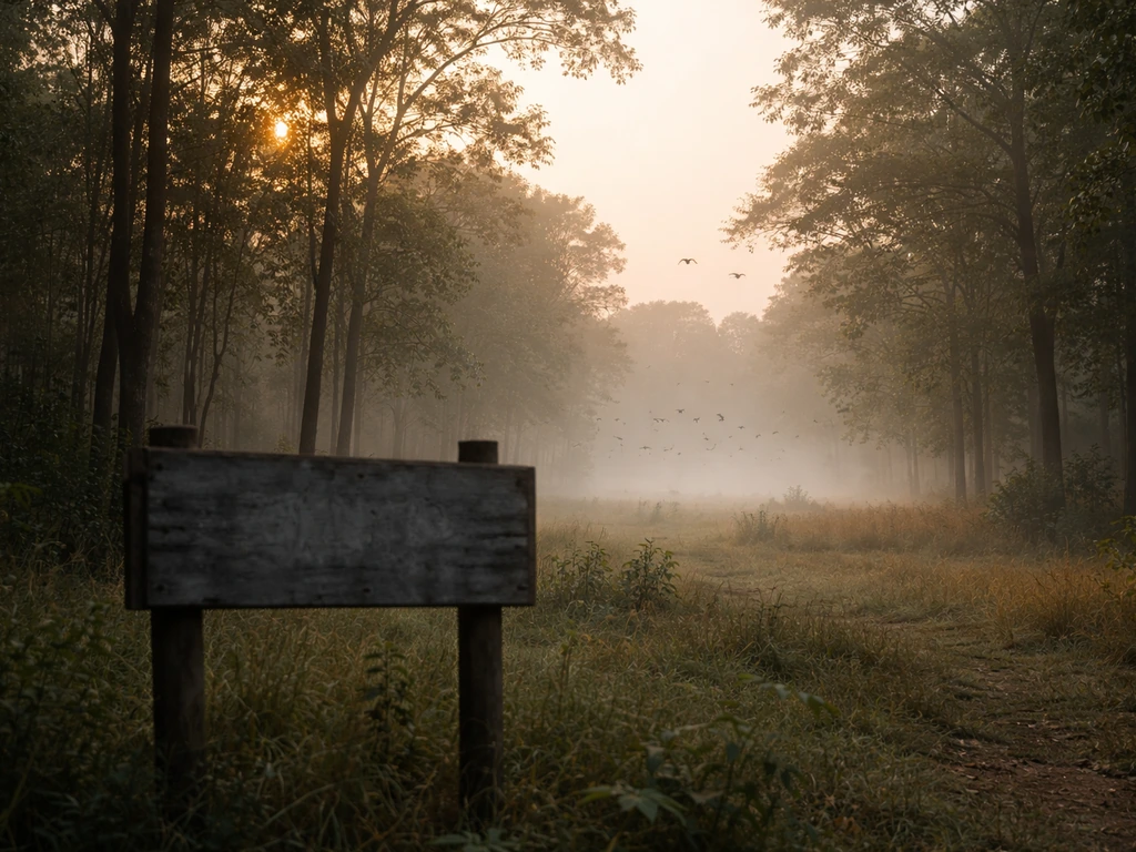 Misty Indian forest edge with subtle sanctuary boundary sign and birds flying above, suggesting regulated hunting