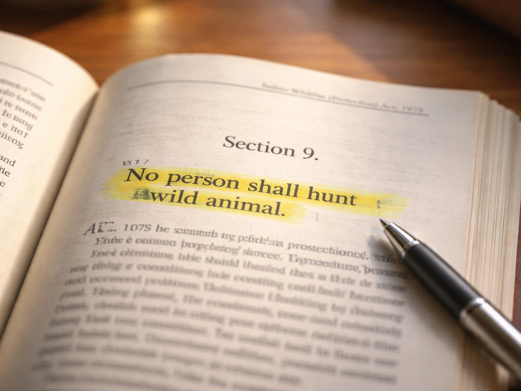 Close-up of an open wildlife protection law book with highlighted prohibition language on a wooden desk.