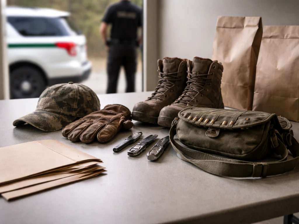 Seized hunting gear on a table with blank evidence bags and a blurred enforcement presence in the background.