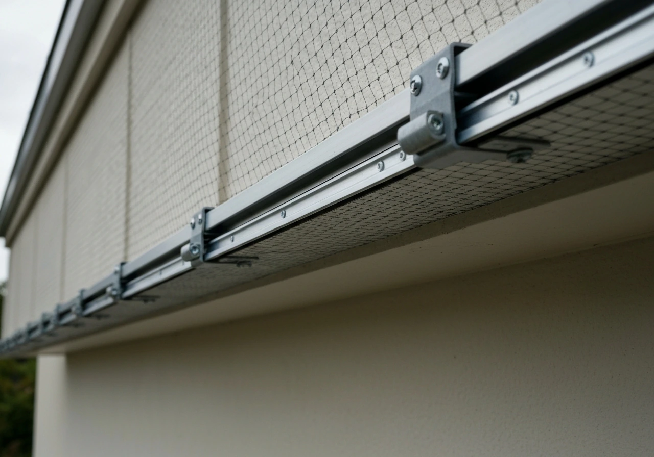Close-up of a bird exclusion net and track system installed under a building eave.