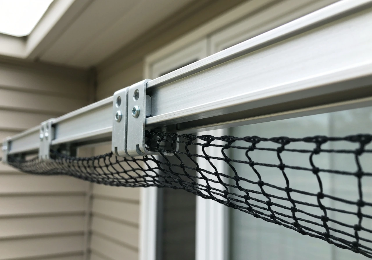 Close-up of interlocking bird-exclusion track, brackets, clips, and taut netting hardware