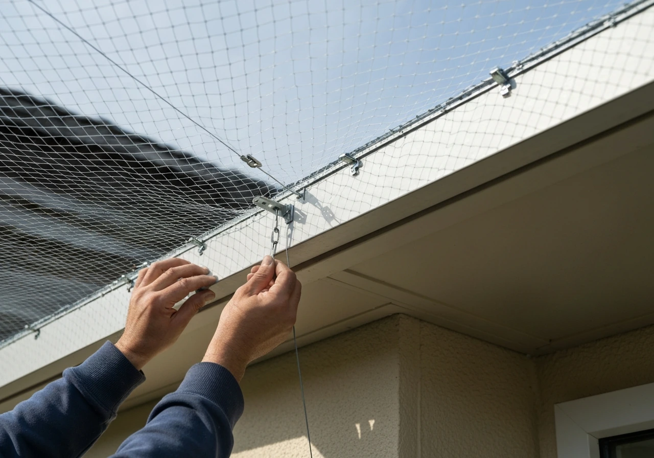 Hands tighten bird exclusion netting on a building edge using brackets to eliminate slack and gaps.