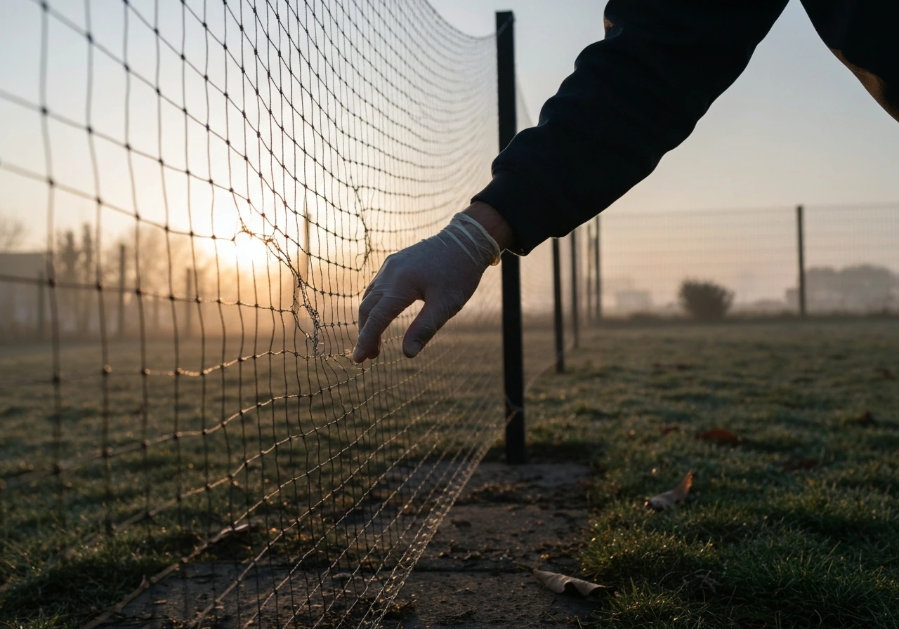 Technician at dawn inspects a bird net, running a gloved hand along the seam to find access gaps.