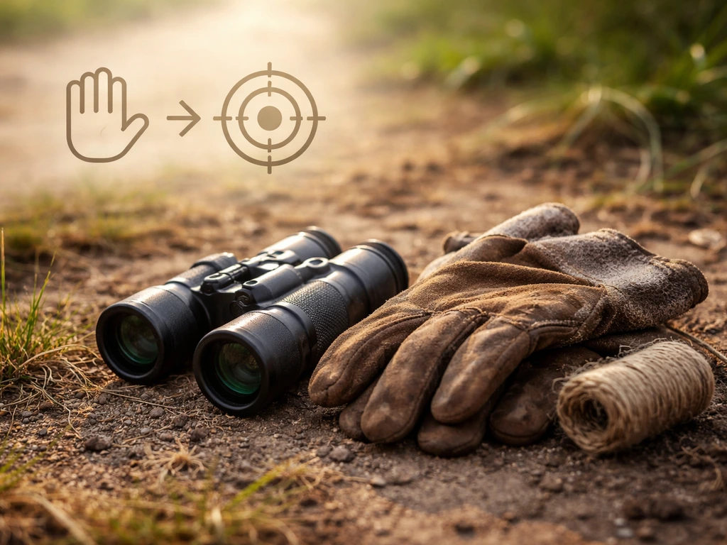 Close-up of field gloves and binoculars beside a simple icon-like “take/kill” concept scene