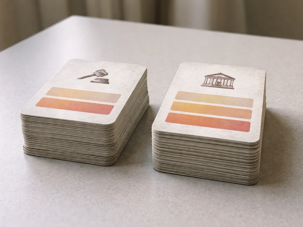 Minimal tabletop scene with two unlabeled stacked warning cards symbolizing federal vs state penalty tiers.