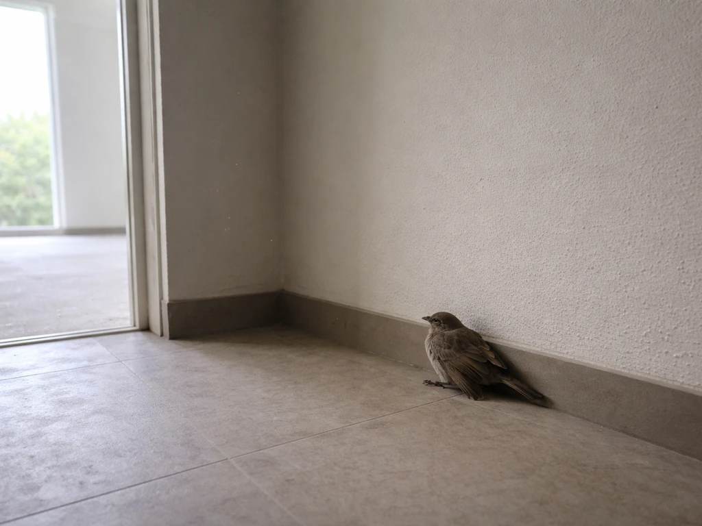 Small wild bird trapped in a building corner near an open doorway, emergency feel, no visible harm.