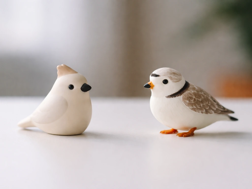 Minimal desk scene with two small birds-feather tokens and a plain background suggesting legal status comparison.