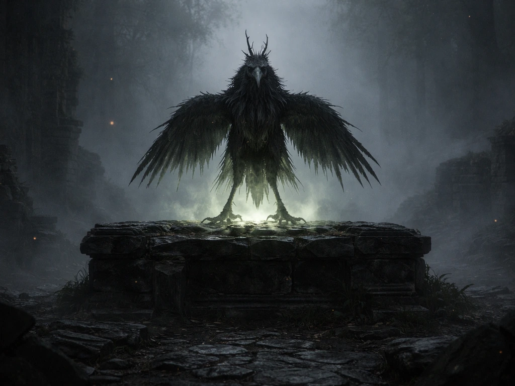 Misty ruin altar at eye level with a shadowy ritual bird silhouette and faint green spectral glow.