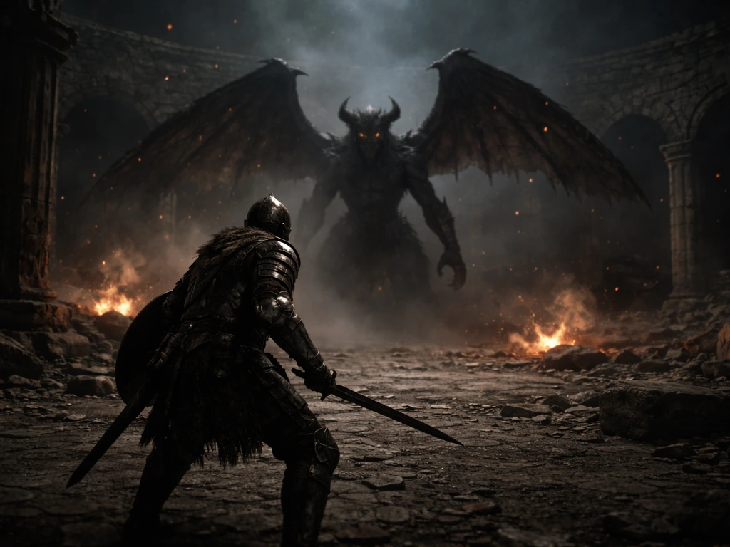 Dark fantasy boss arena with a silhouetted winged creature, smoky ruins, and an armored player stance in view.