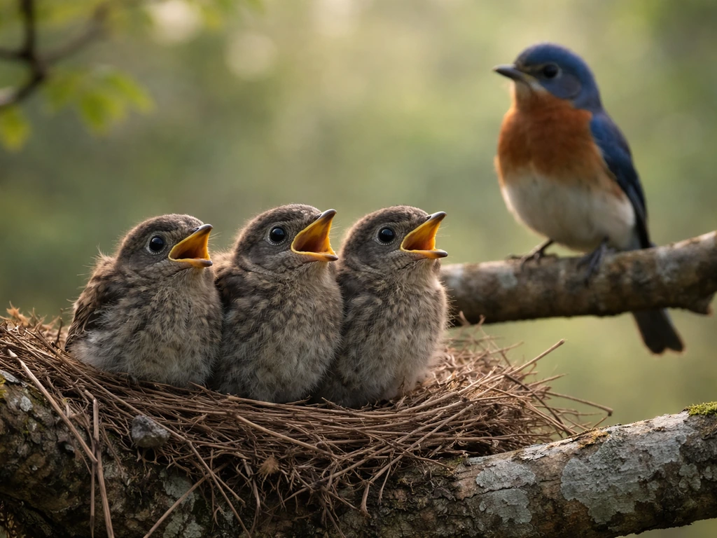 Juvenile birds in a nest with an alert adult bird perched nearby, showing different age vulnerability.