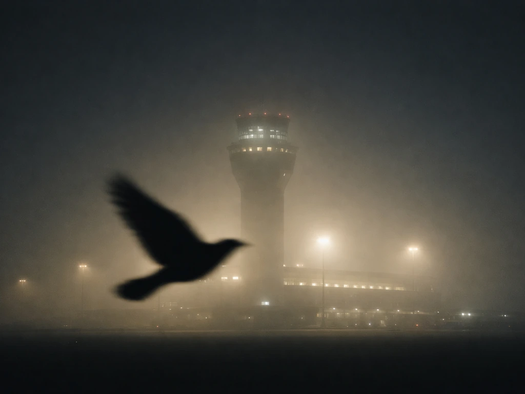 Night airport tower light casting glow with a faint bird-wing silhouette in front of it