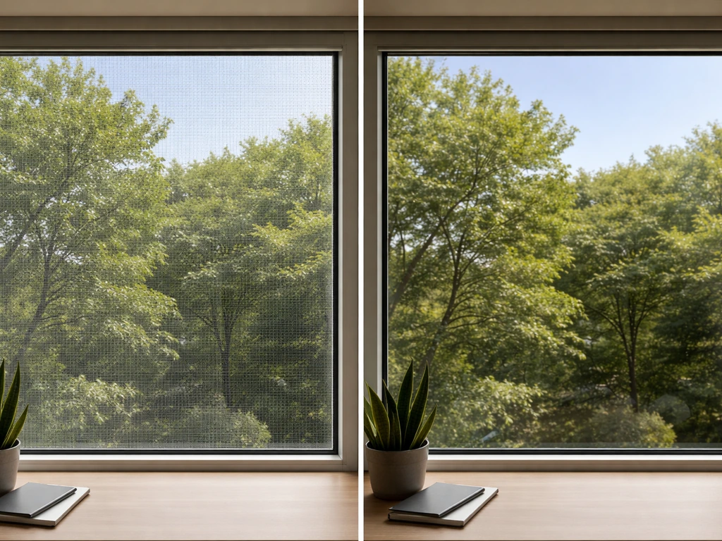 Side-by-side office window: bird-safe protective mesh/film on one side, bare glass on the other.