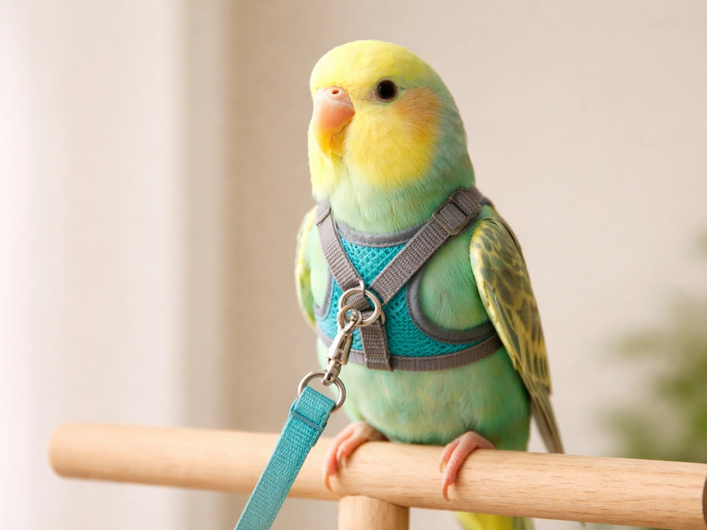 Small pet bird calmly perched wearing a properly fitted harness in a quiet indoor setting