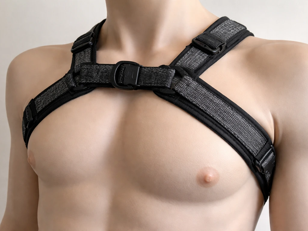 Mannequin torso wearing an over-tight harness that presses the chest, showing breathing restriction risk.