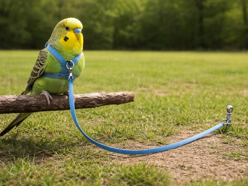 A small bird in a harness with a leash routed to a safe stake in open space away from obstacles.