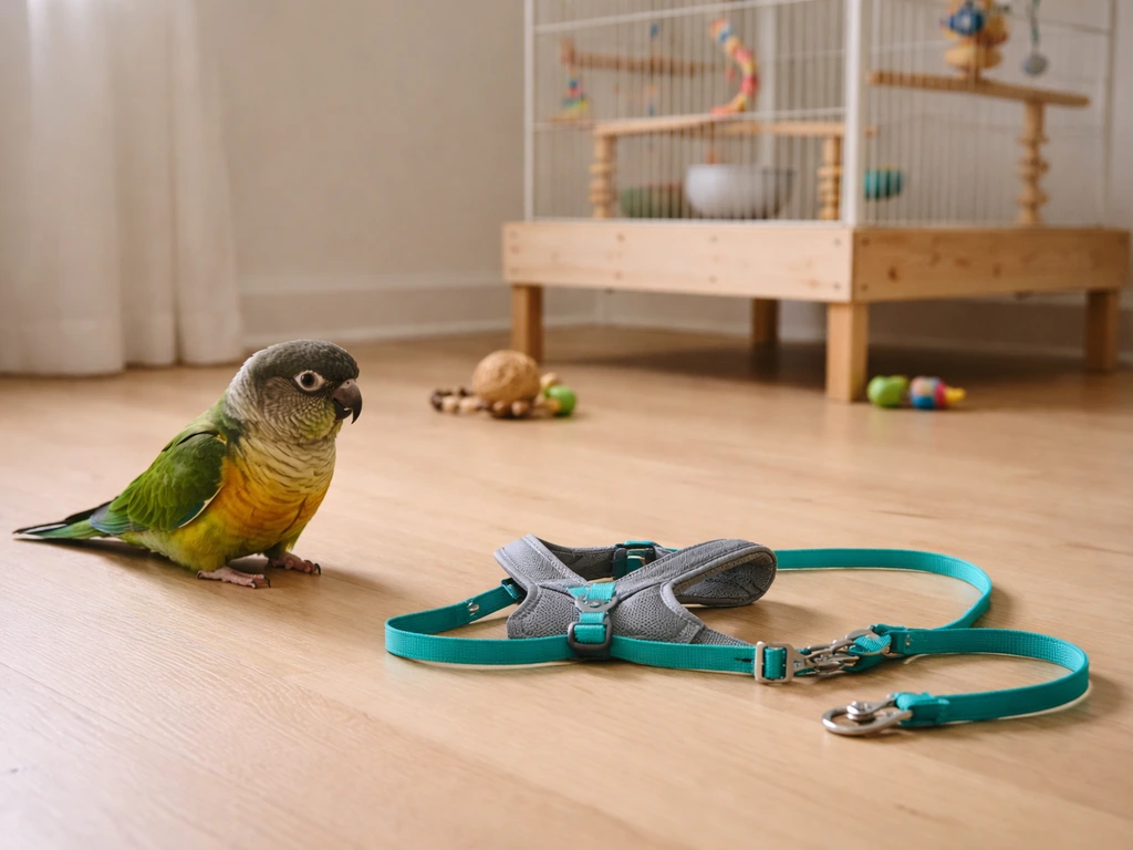 Small parrot calmly watching a bird harness placed near its cage/play stand in natural light.