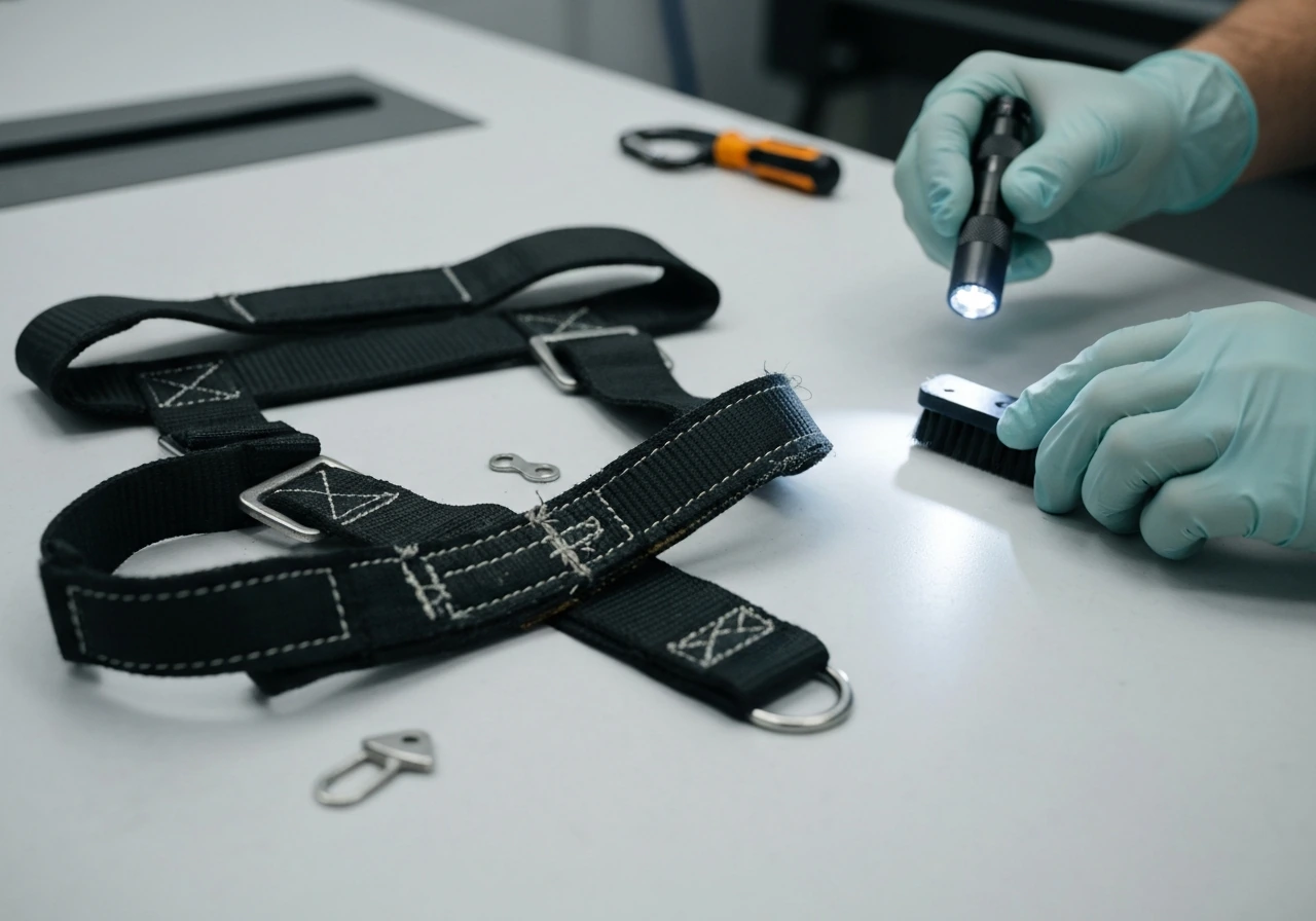 Close-up inspection of a bird harness on a workbench with tools and hands checking stitching and hardware.