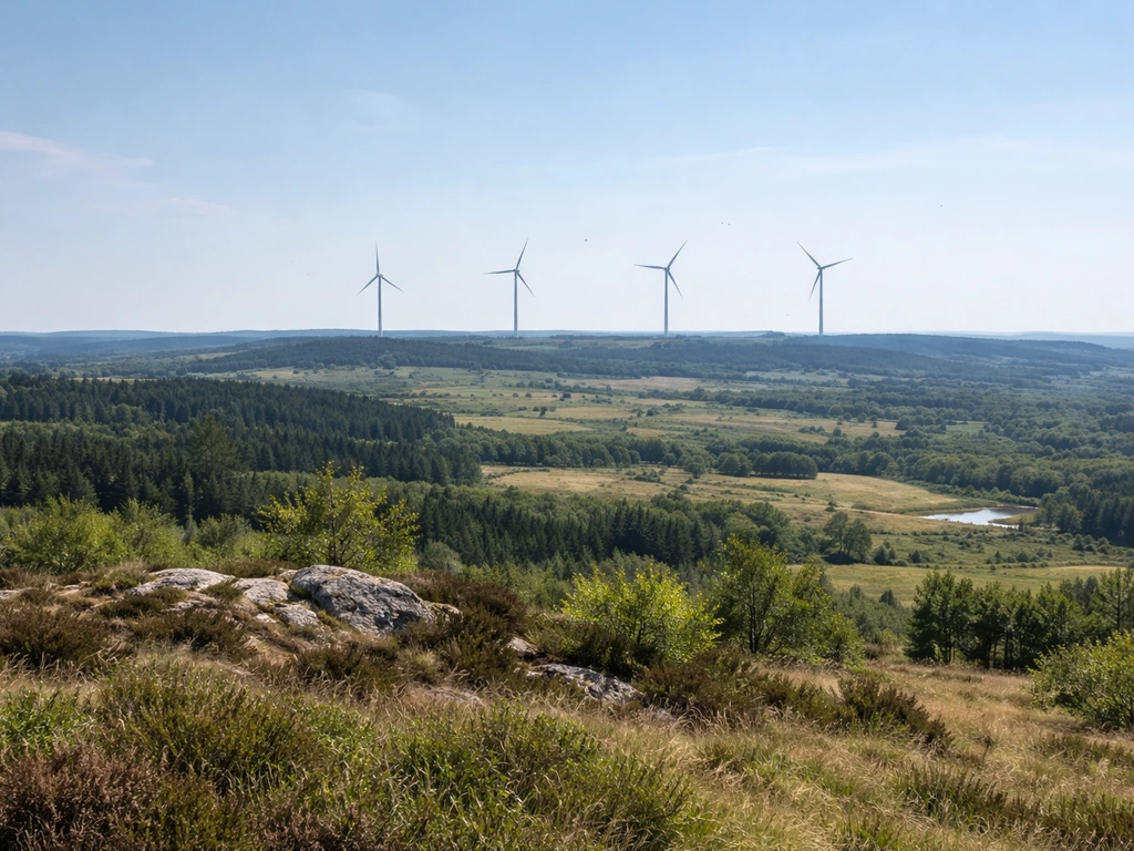 Wind turbines over a natural landscape with a few faint birds in the sky near the horizon.
