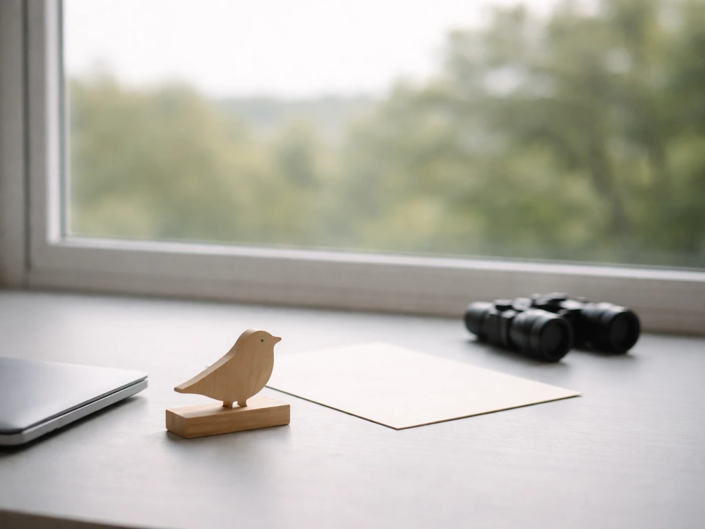 Minimal office desk by a window with nature view and simple bird-themed objects, no text or charts.