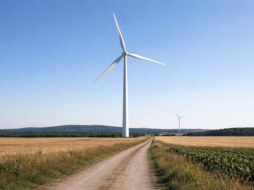 Wind turbine in a rural field with a subtle sense of scale and environmental impact