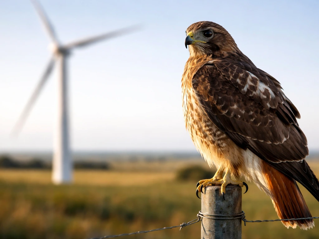 Red-tailed hawk perched near a wind turbine with blurred rotor-height blades behind it.