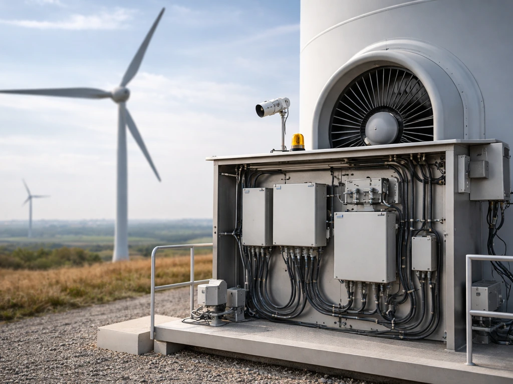 Close-up of a wind turbine base with shutdown/curtailment control equipment at a quiet wind farm.