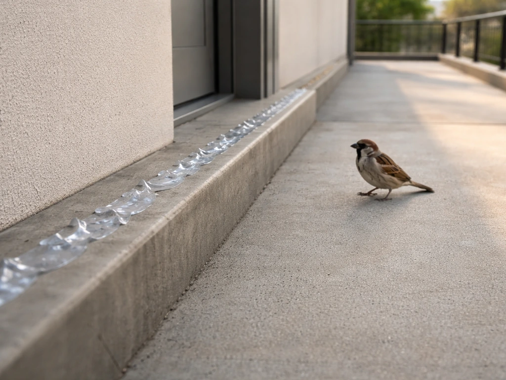 A small bird near an outdoor entry ledge with a subtle transparent gel barrier to deter birds.