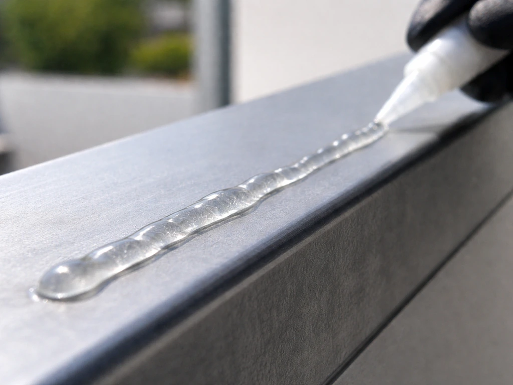 Close-up of transparent bird gel being applied to a smooth exterior ledge, showing a tacky barrier texture