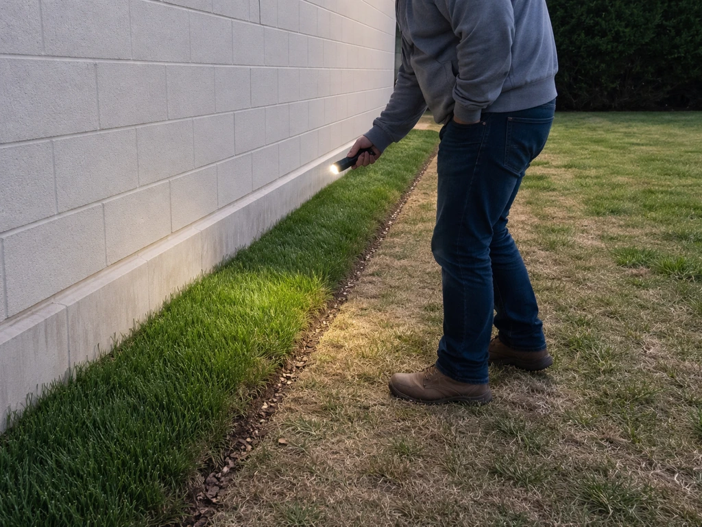 Anonymous person inspecting a building ledge and turf edge for likely coverage gaps outdoors