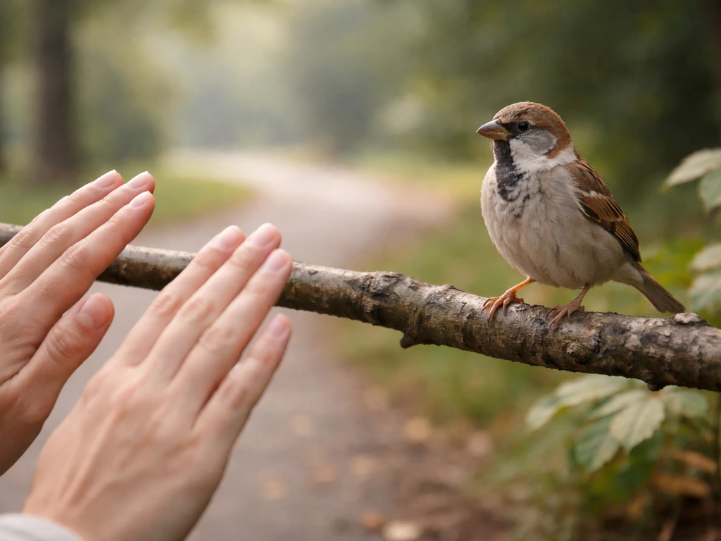 A wild bird perched near a person’s hand; the person recoils, emphasizing safe distance.