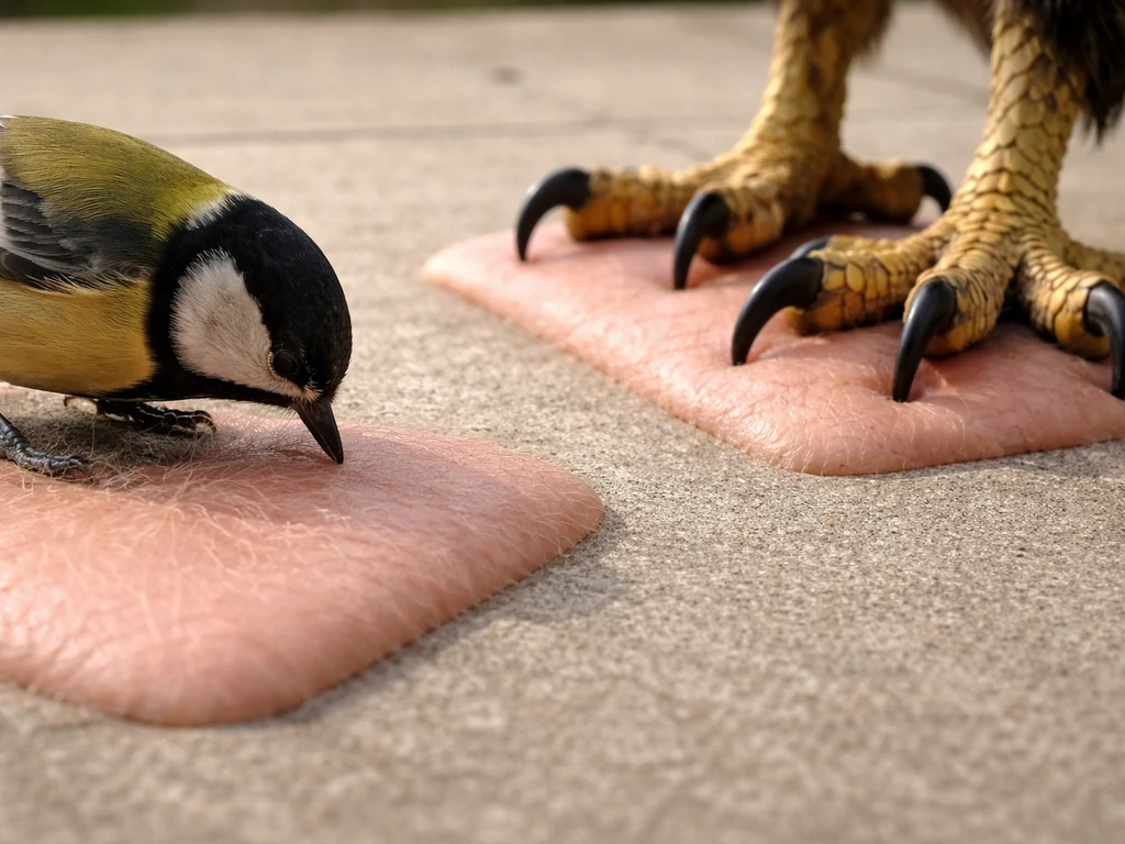 Close-up comparison of a small songbird peck versus a raptor’s talons pressing more firmly on skin-like material.