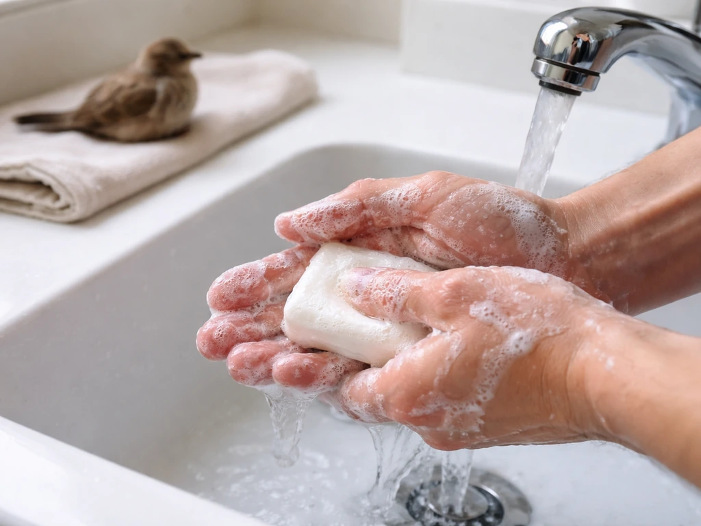 Hands washing with soap under running water right after handling a wild bird
