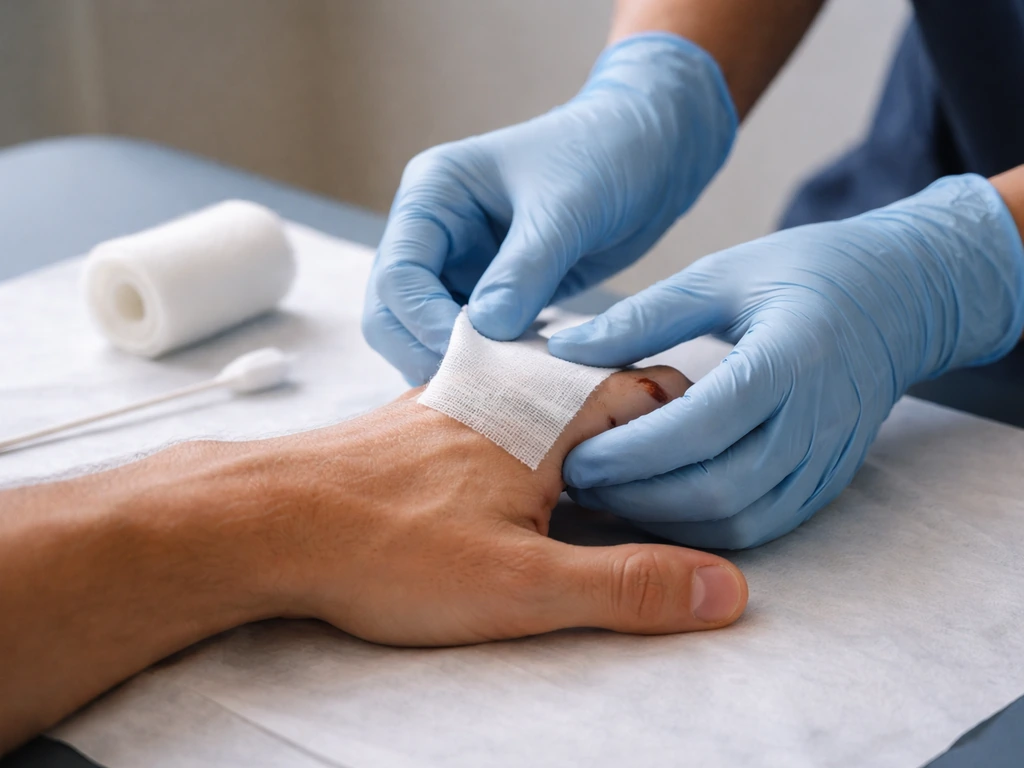 Gloved clinician bandaging a small puncture/bite wound on a hand in an urgent-care exam room.