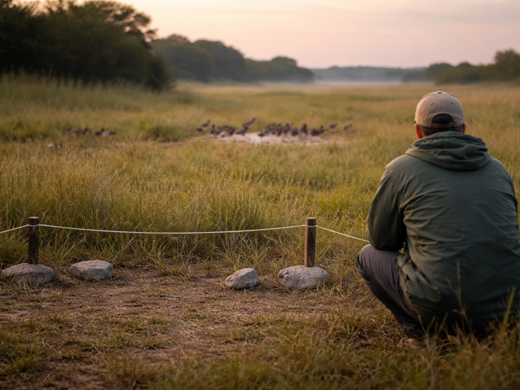 Photograph of a person staying several meters away from nesting wild birds behind a clear distance barrier.