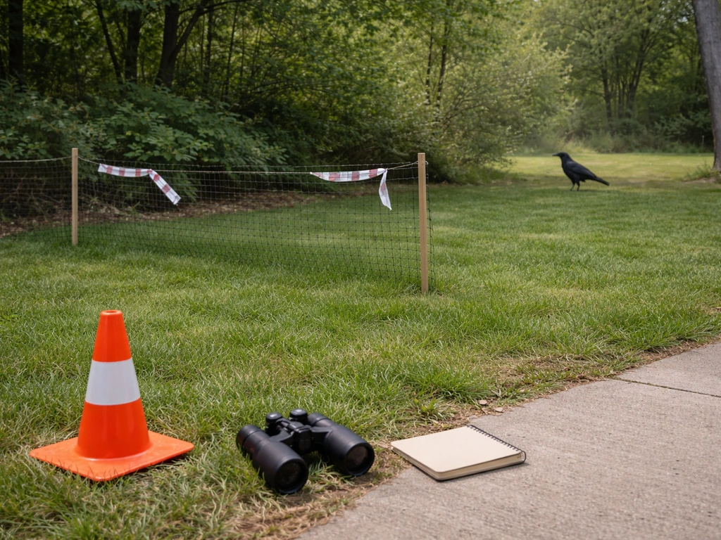 Binoculars and notepad beside a cone while reflective tape and netting deter large birds near a property.