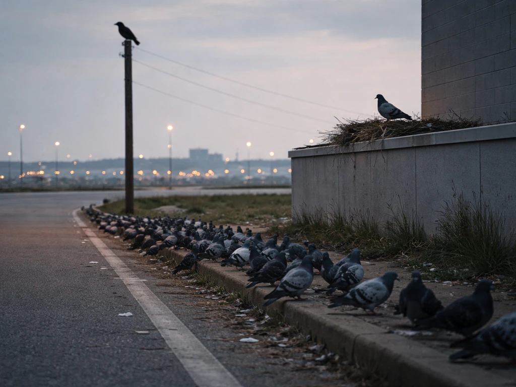 Flock of large birds on an airport road with one perched and another near a nest-like ledge.