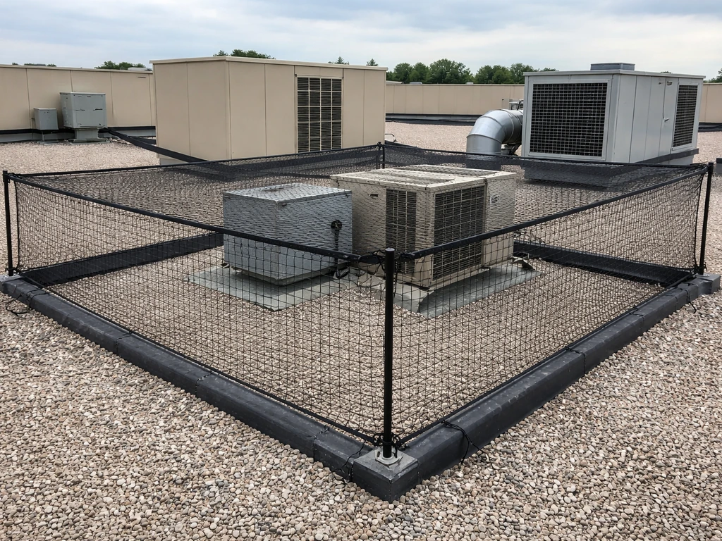 Dark bird netting installed over rooftop equipment to block birds from roosting spots.