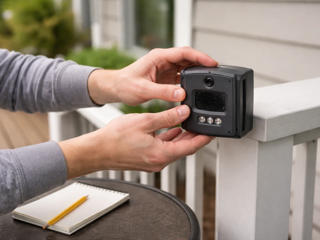 Hand adjusting a bird deterrent device on a porch rail during a simple reassessment setup