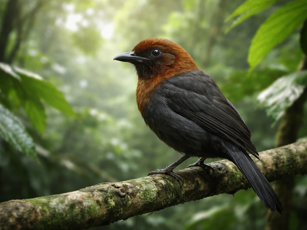 Hooded pitohui perched on a rainforest branch with a rust-orange hood patch and green bokeh background.