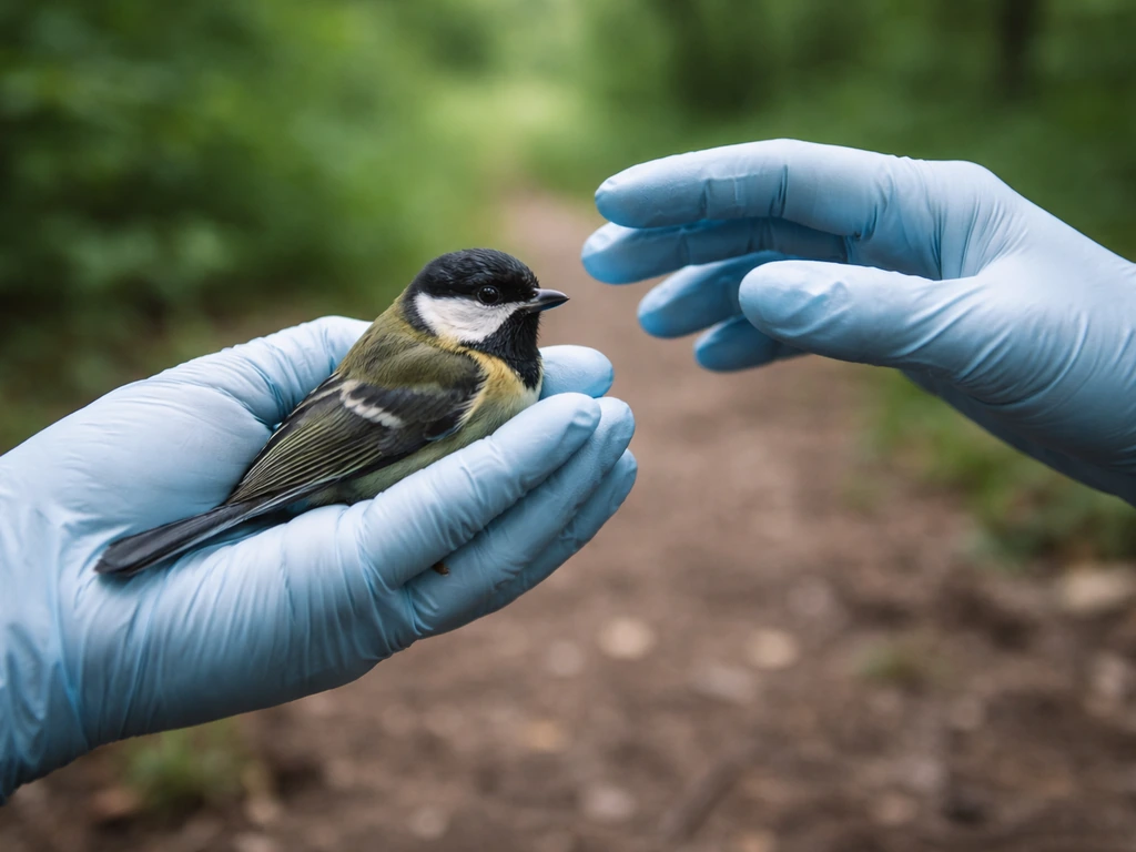 Gloved hands carefully avoid touching a small wild bird in a forest setting.