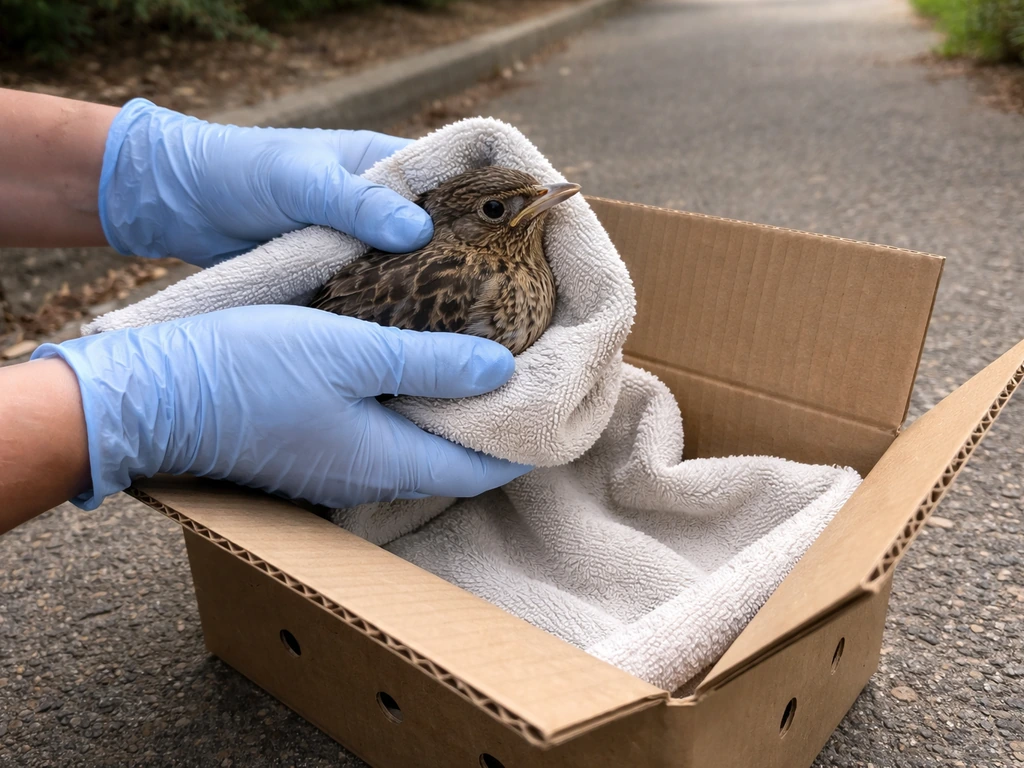 Gloved hands gently placing an injured wild bird into a ventilated cardboard box using a towel