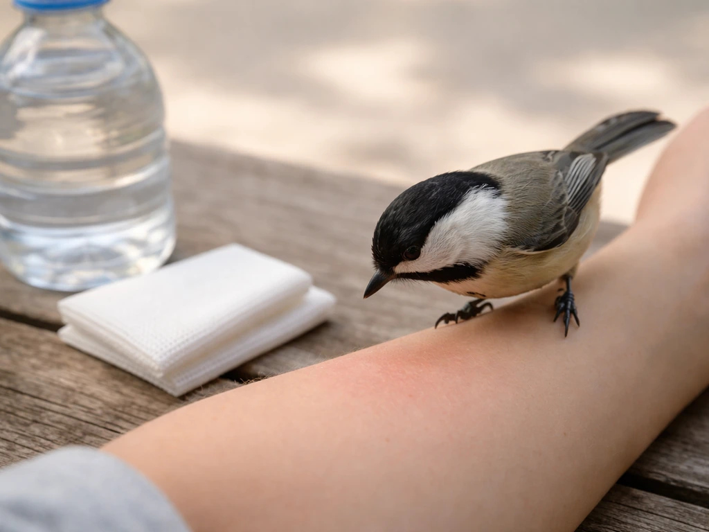 Close-up of a bird’s beak near a small hand and forearm, implying a minor bite risk and first aid need.