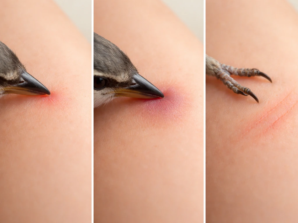 Three close-up contact examples: bird peck, bite, and claw scratch showing different mild skin marks.