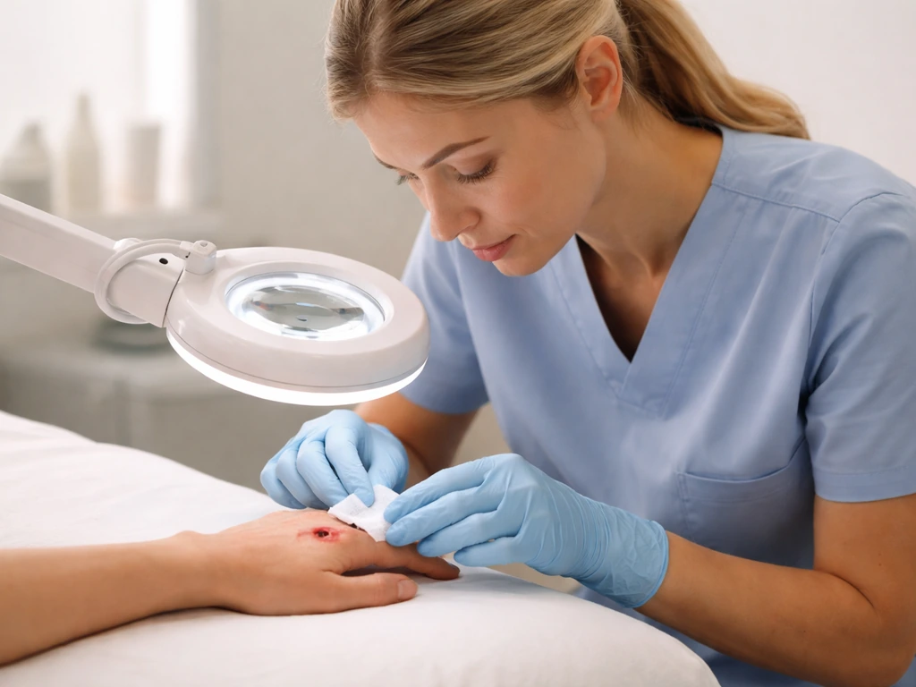 Clinician gently examining a bird bite on a patient’s hand in a bright clinic room.