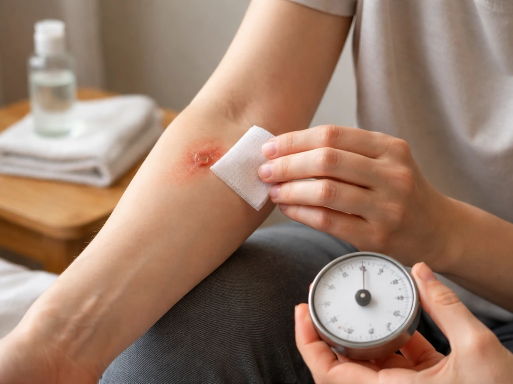 Person gently checking a healing bird bite on a forearm while holding a small timer