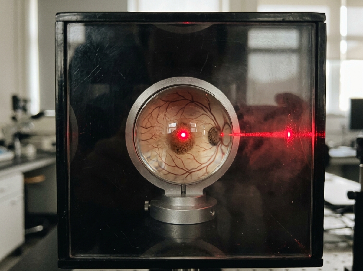 Laser eye injury mechanisms in a close-up schematic-style photo—retina focus zone and beam glow