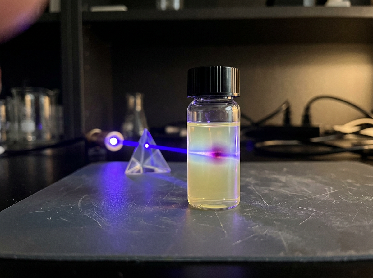 Photochemical damage: blue light filtering through a prism onto a vial of colored solution