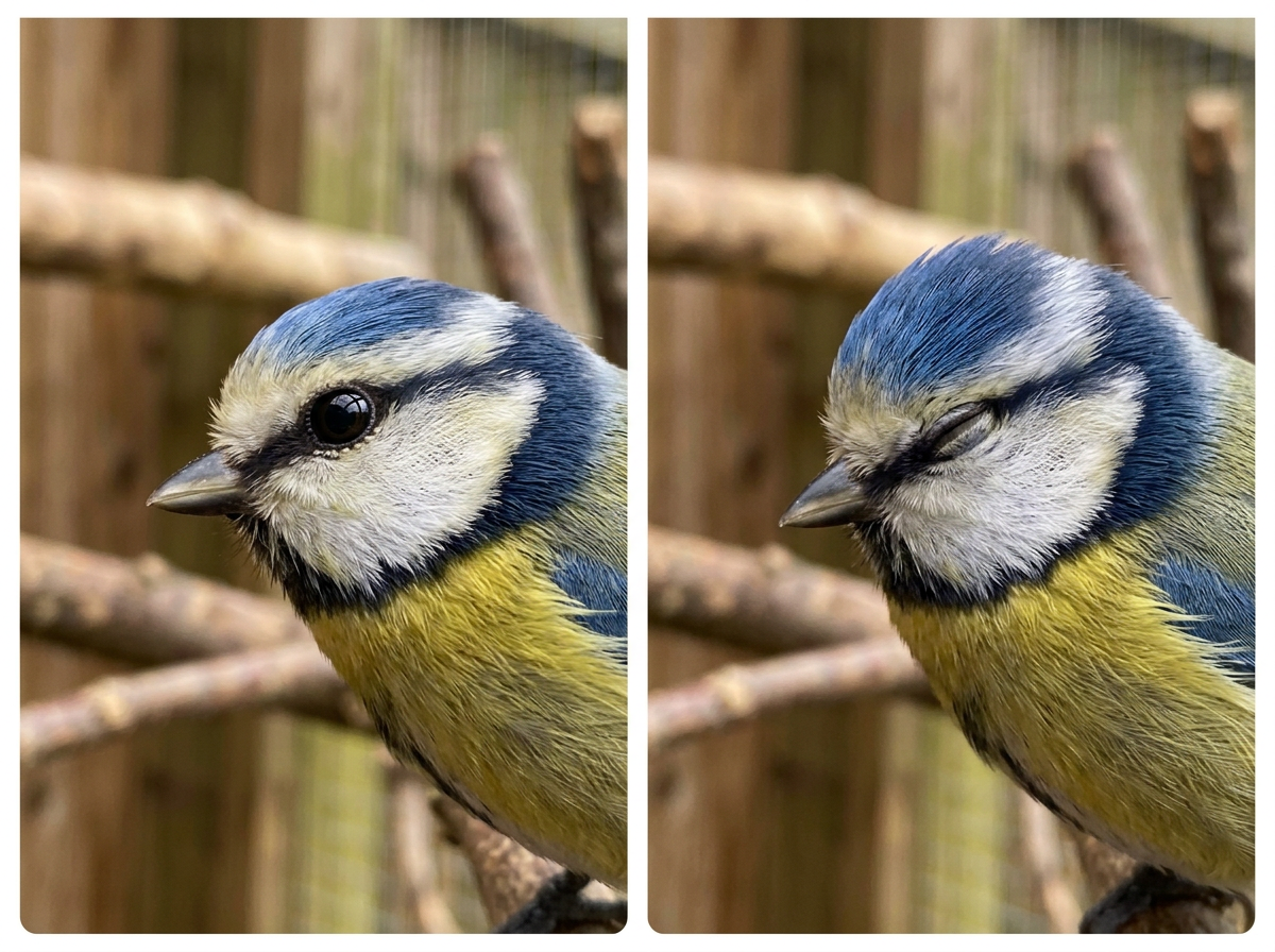 Signs of ocular injury vs startle: bird-eye closeup with eyes open vs flinching posture